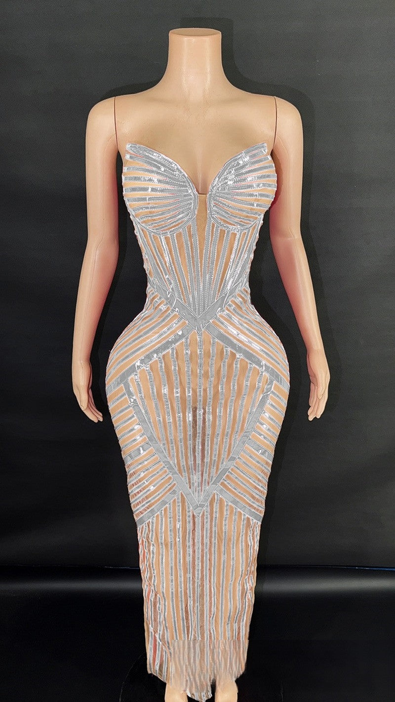 Geometric Striped Bodycon Dress-Larosabride