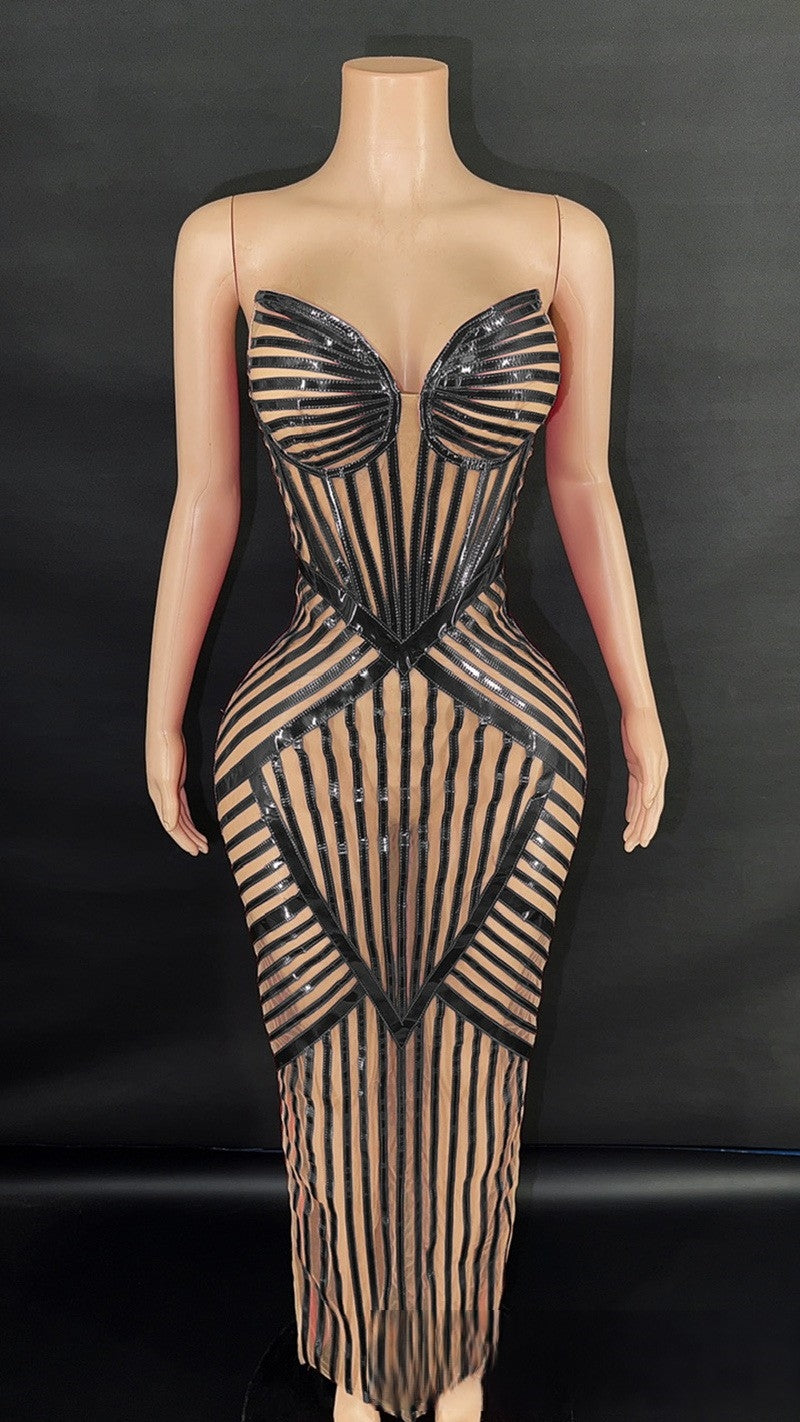 Geometric Striped Bodycon Dress-Larosabride