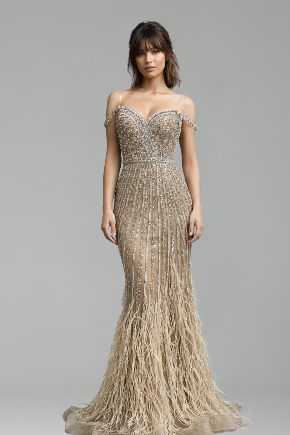 Caramel Mermaid Gown with Feathers and Beads - LAROSABRIDE