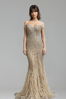 Caramel Mermaid Gown with Feathers and Beads - LAROSABRIDE