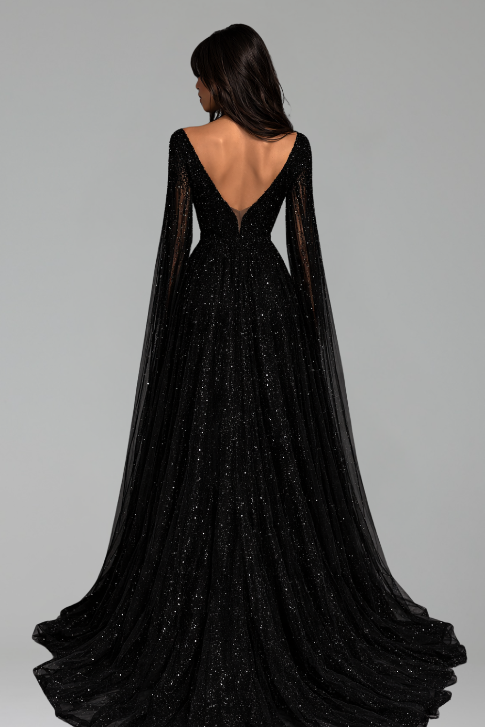 Black Beaded A-Line Cape Sleeves Gown - LAROSABRIDE