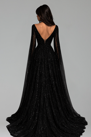 Black Arabic Cape Sleeves Evening Dress 2024
