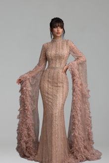 Gown with Feathered Cape Sleeves - LAROSABRIDE