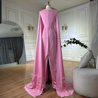 Luxury Arabic Pink Mermaid Evening Dress – Elegant Gown with Feather Cape