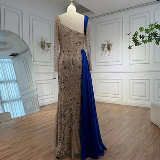 Royal-Blue Draped Crystal Gown