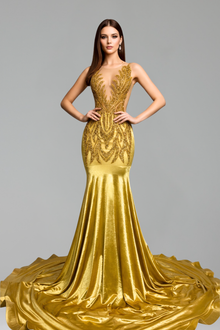 Gold Embellished Mermaid Evening Gown - LAROSABRIDE