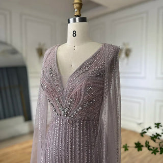 Ships in 2 to 5 Days - 2025 Custom Arabic Pink Luxury Evening Gown – Beaded Dress with Cape Sleeves for Weddings & Parties