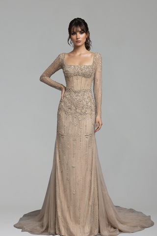 Square-Neck Pearl-Beaded Dress - LAROSABRIDE