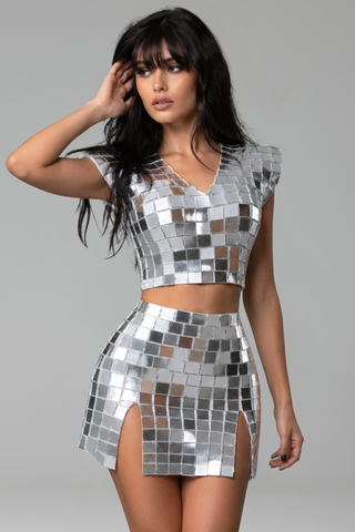 Mirrored Tile Crop Top Skirt Set - LAROSABRIDE