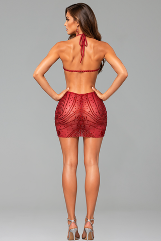 Crystal Cutout Halter Mini Dress - LAROSABRIDE