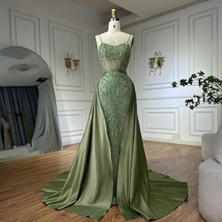 Ships in 2 to 5 Days - Sage Green Beaded Evening Gown – Elegant Dress with Detachable Overskirt for Parties