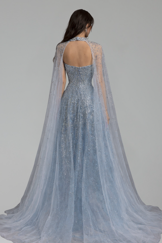 Beaded Mesh Cape Gown - LAROSABRIDE