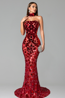 Sequin Disc Strapless Choker Gown - LAROSABRIDE