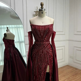 Ships in 2 to 5 Days - Luxury Wine Red Strapless Beaded Evening Gown with Overskirt & Matching Gloves