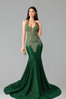 Iridescent Satin Lace Halter Mermaid Gown - LAROSABRIDE