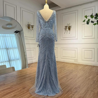 Ships in 2 to 5 Days - Luxury Designer Blue Beaded Evening Gown with Long Sleeves – Formal Dress for Wedding & Party