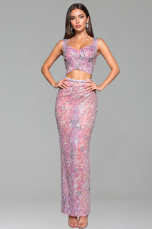 Crystal Embellished Crop Top and Midi Skirt Set - LAROSABRIDE