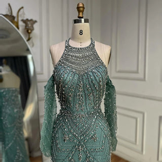 Ships in 2 to 5 Days - Elegant Beaded Halter Gown with Sheer Sleeves