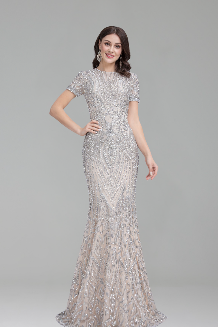 Short Sleeve Embellished Mermaid Gown - LAROSABRIDE