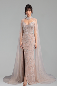 Luxury Sexy Split Gown With Cape - LAROSABRIDE
