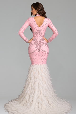 Crystal Embellished Feather Mermaid Gown