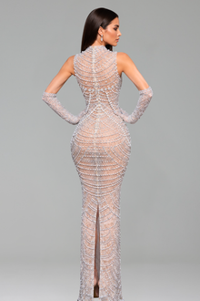High-Neck Beaded Sheer Column Gown - LAROSABRIDE