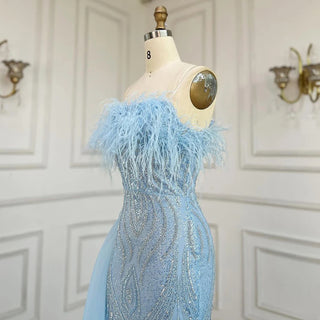Ships in 2 to 5 Days - 2025 Arabic Blue Strapless Mermaid Evening Gown with Overskirt and Feather Beaded Dress for Women's Party