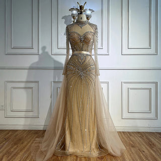 Ships in 2 to 5 Days - Luxury Nude Beaded Arabic-Style Evening Dress – Elegant Gown with Detachable Overskirt