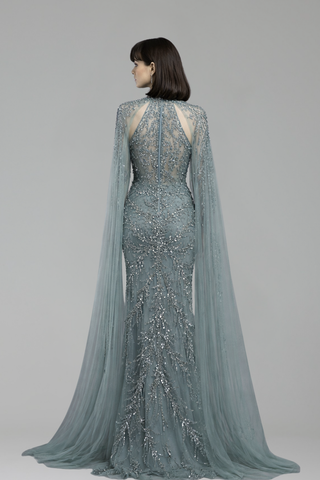 Beaded Cape Sleeve Mermaid Dress - LAROSABRIDE