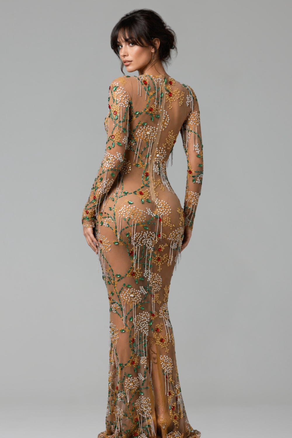 Sheer Embellished Floral Illusion Gown - LAROSABRIDE