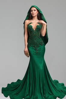 Beaded Deep Neckline Mermaid Dress - LAROSABRIDE