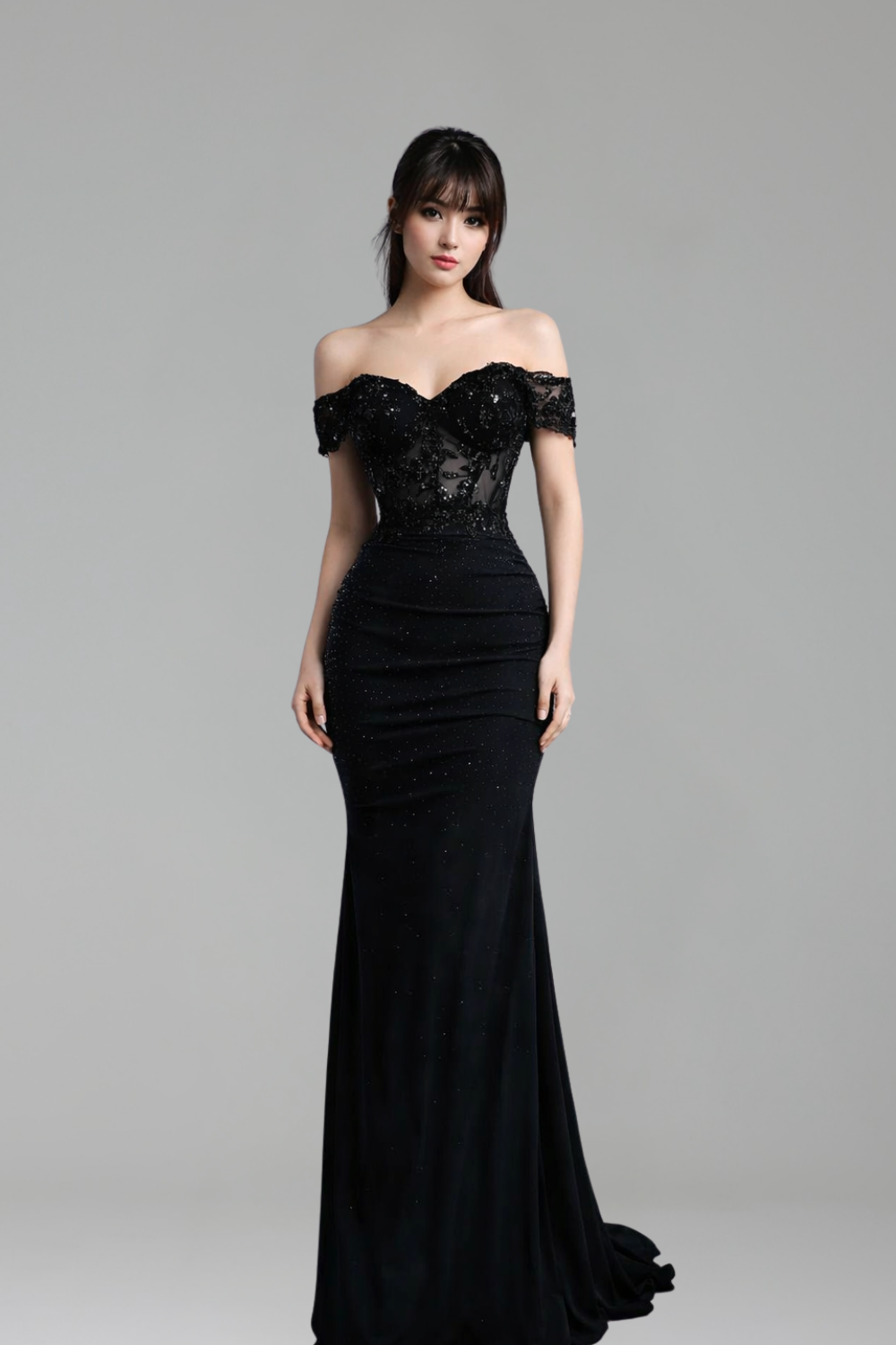 Black Lace Off Shoulder Prom Dress - LAROSABRIDE