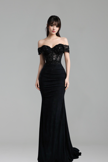 Black Lace Off Shoulder Prom Dress - LAROSABRIDE