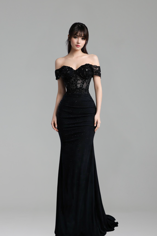 Black Lace Off Shoulder Prom Dress - LAROSABRIDE