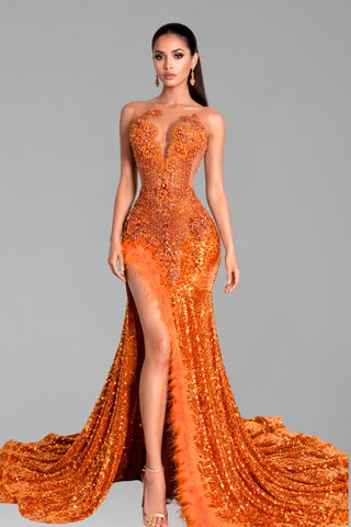 Feather Trim Sequin Gown