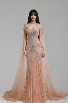 Nude Mermaid Beaded with Cape - LAROSABRIDE