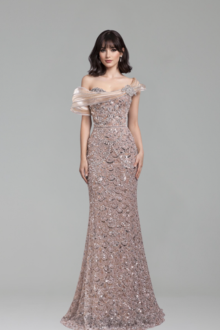 Nude Beaded Off Shoulder Mermaid - LAROSABRIDE