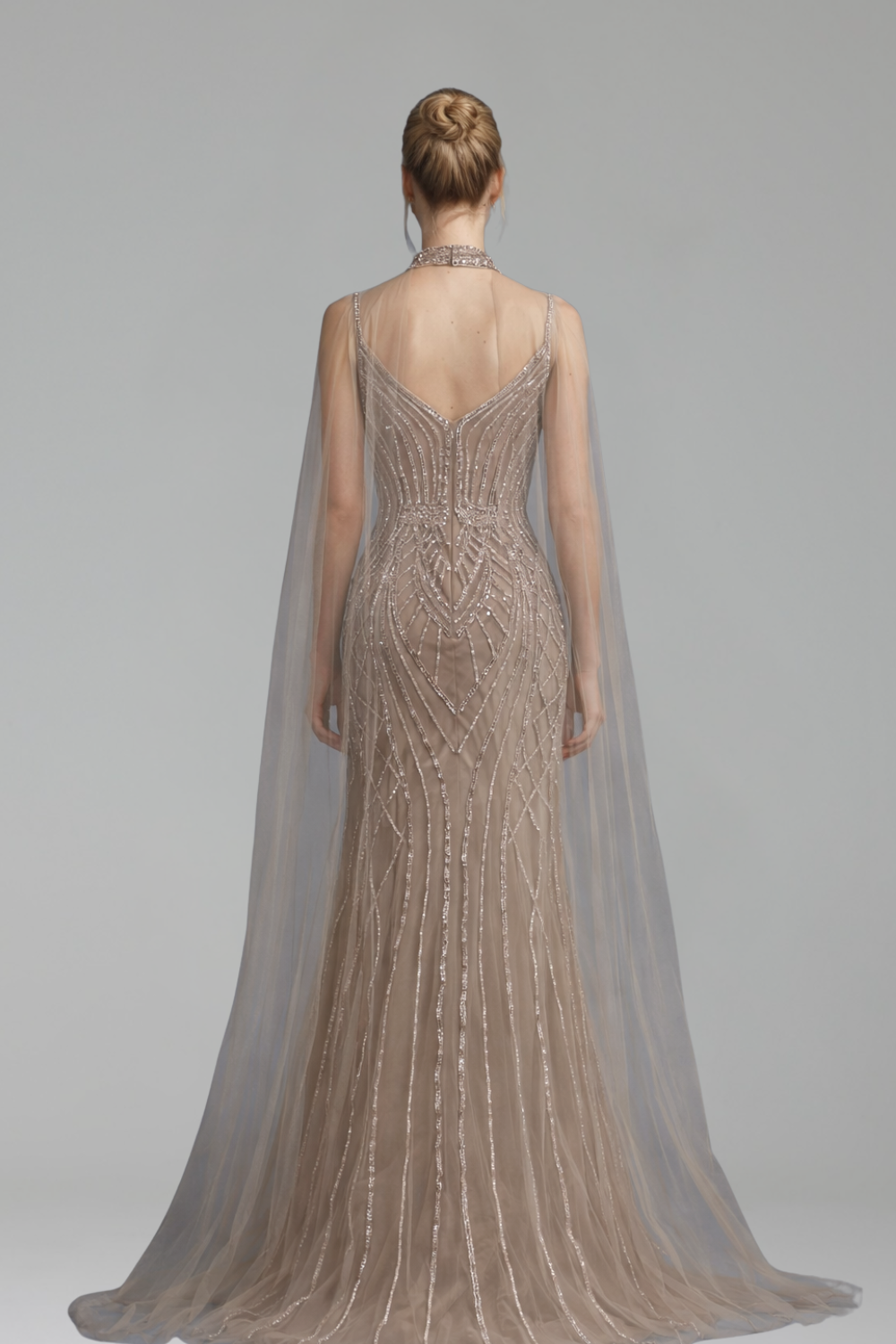 Beaded Cape-Sleeve Mermaid Dress-Larosabride