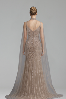 Beaded Cape-Sleeve Mermaid Dress-Larosabride