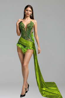 Feather Trim Embellished Mini Dress - LAROSABRIDE