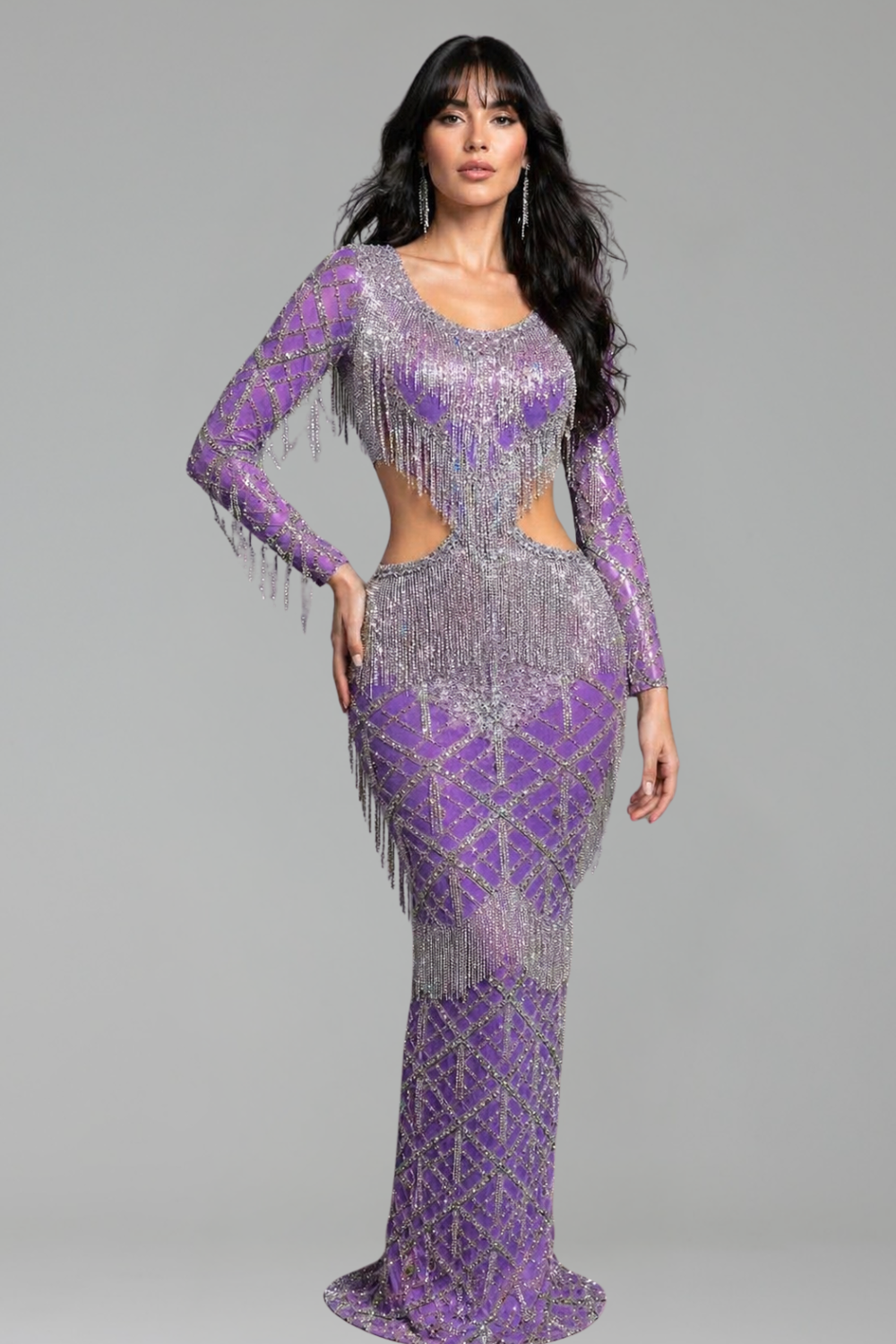Crystal Fringe Cutout Mesh Gown - LAROSABRIDE