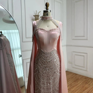 Luxury Arabic Pearl Beaded Mermaid Evening Dress with Cape