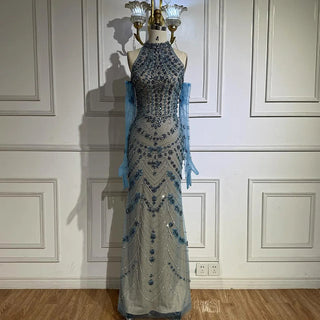 Ships in 2 to 5 Days - 2025 Luxury Blue Arabic Mermaid Evening Gown with High Neck & Crystal Beading – Formal Occasion Dress