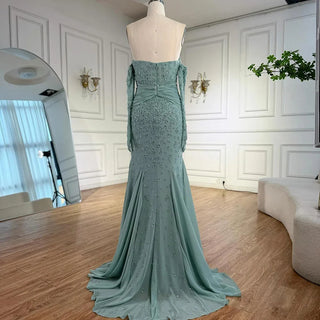 Strapless Ruched-Sleeve Embellished Gown