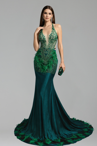 Feathered Embellished Mermaid Gown