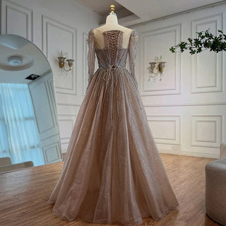 Ships in 2 to 5 Days -Luxury Caramel Sparkly A-Line Evening Dress – Long Sleeve Ball Gown for Prom & Parties