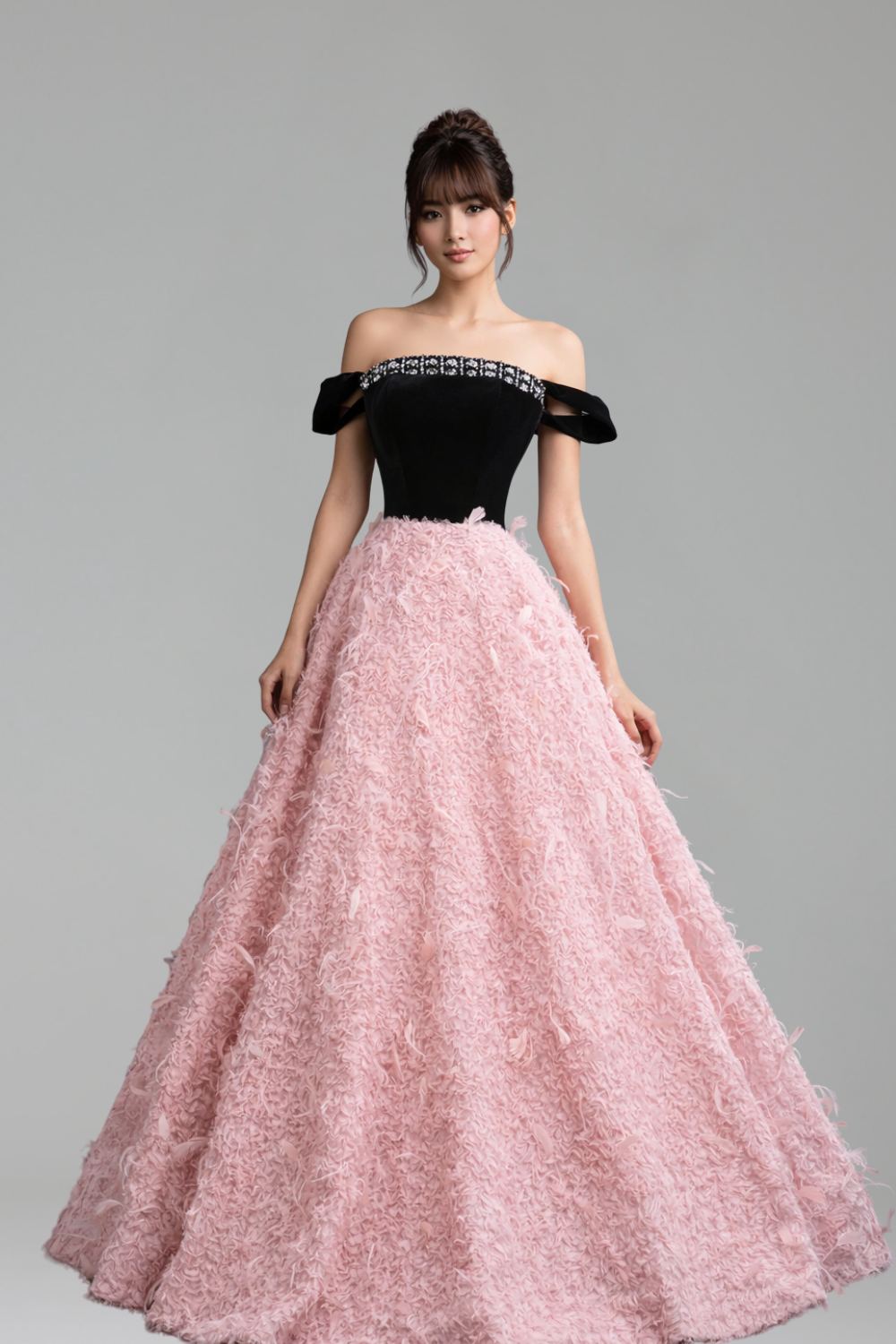 Pink Beaded Feather A-Line Off-Shoulder - LAROSABRIDE