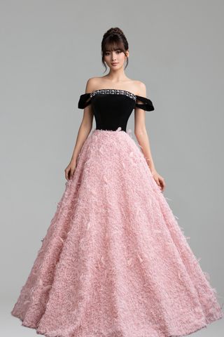 Pink Beaded Feather A-Line Off-Shoulder - LAROSABRIDE