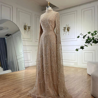 Ships in 2 to 5 Days - 2025 Muslim Nude Mermaid Cape Sleeves Luxury Dubai Evening Gown Pearls Beaded Dress for Women's Party