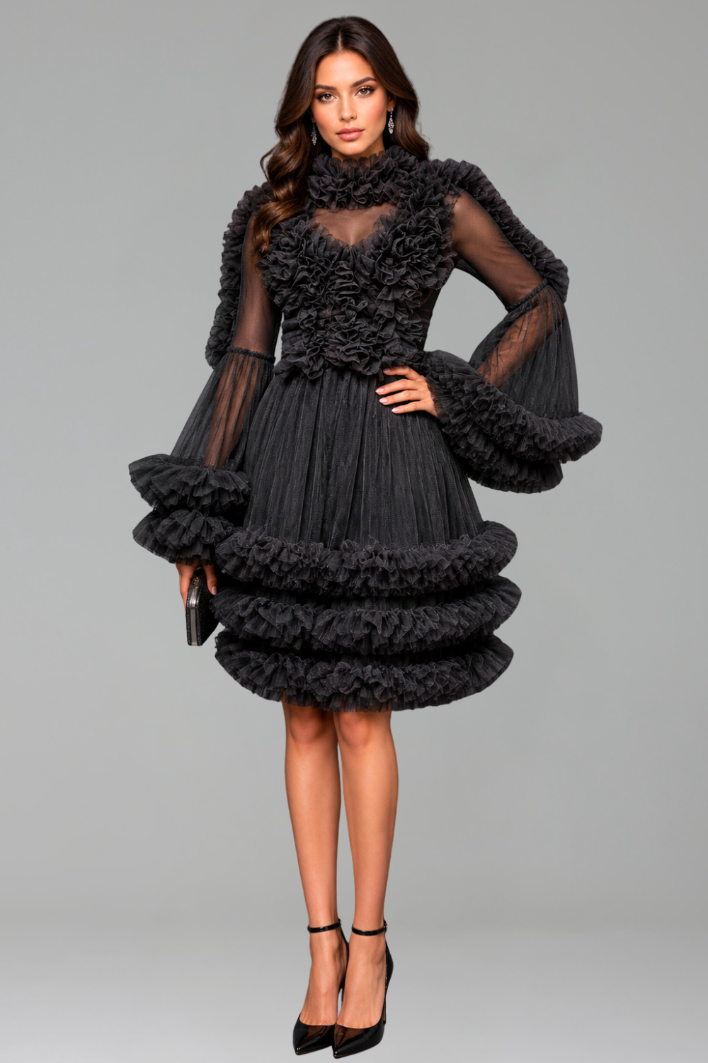 Ruffled Sheer Tiered Tulle Mini Dress - LAROSABRIDE